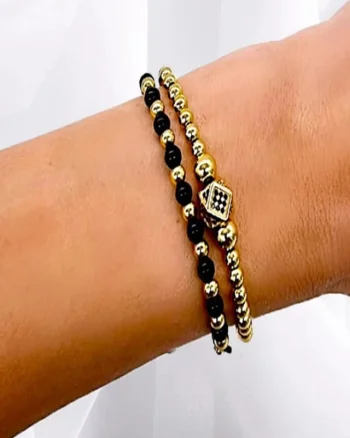 Set Gemma, doua bratari unisex, cu bile din inox si cristale de zirconiu