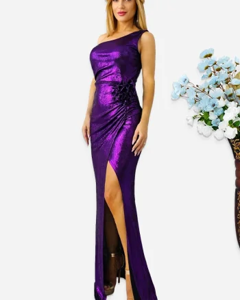 Rochie de seara, JoeLLe, cu detaliu floral si umarul gol, Mov Metalizat, Marime S/M