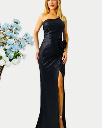 Rochie de seara, JoeLLe, cu detaliu floral si umarul gol, Negru Metalizat, Marime S/M