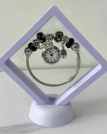 Ceas elegant Silver VSH cu pandativ, margele tip Murano si bratara reglabila, Lila