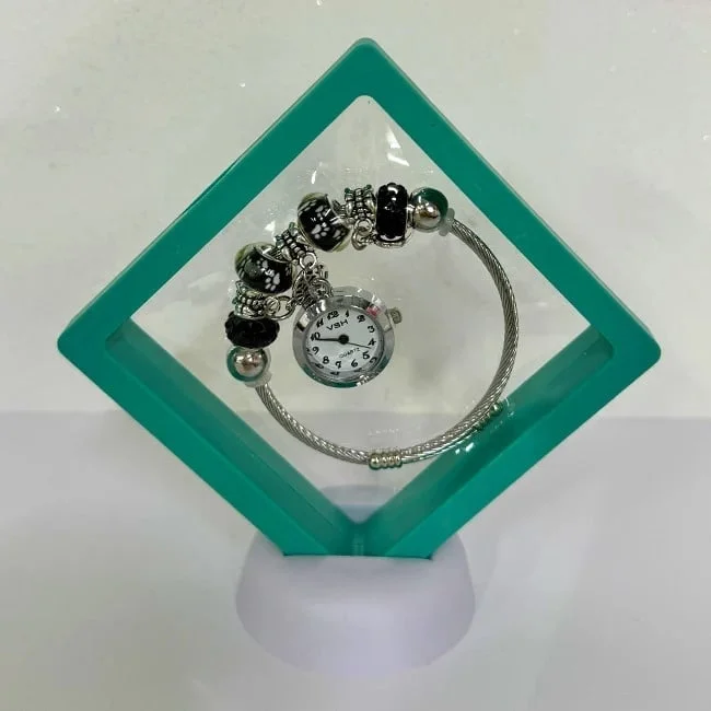 Ceas elegant Silver VSH cu pandativ, margele tip Murano si bratara reglabila, Verde