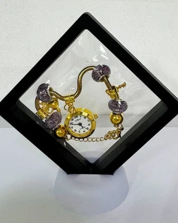 Ceas elegant Gold VSH cu pandativ, margele tip Murano si bratara reglabila, Negru
