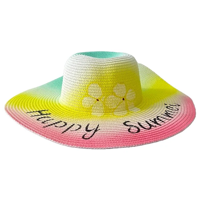 Palarie de soare SeaSide Style, cu imprimeu estival si bor lat, Roz/Galben