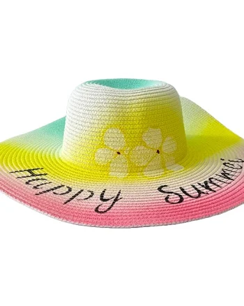 Palarie de soare SeaSide Style, cu imprimeu estival si bor lat, Roz/Galben