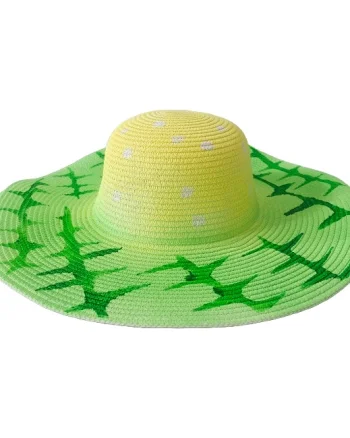 Palarie de soare SeaSide Style, cu imprimeu estival si bor lat, Verde/Galben