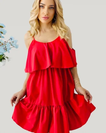 Rochie de zi StefANA, croiala scurta, decupata, cu volane, Rosu, Marime S/M/L