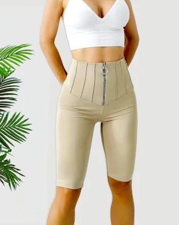 Colanti scurti modelatori Yra, cu banda lata in talie si fermoar, Bej