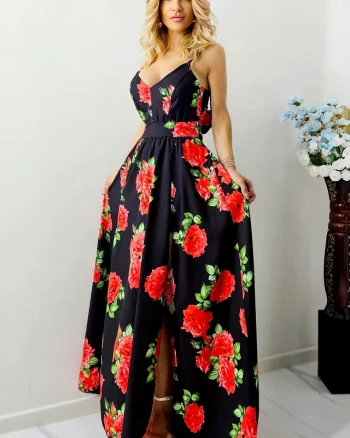 Rochie cocktail Fernanda, croi semidecupat si funda la spate, Black Roses, Marime S/M/L