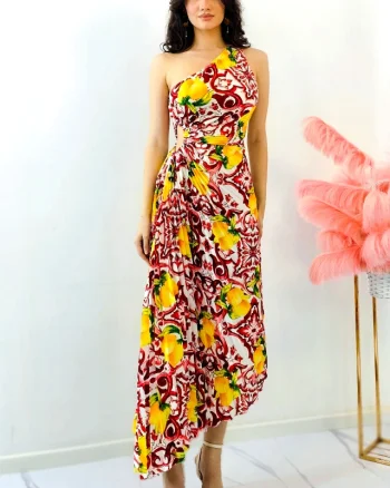 Rochie plisata asimetrica Elza Print, cu decupaj in zona taliei si imprimeu cu lămâi, Rosu, Marime S/M