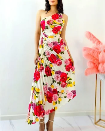 Rochie plisata asimetrica Elza Print, cu decupaj in zona taliei si imprimeu cu lămâi, Lemon Rose, Marime S/M