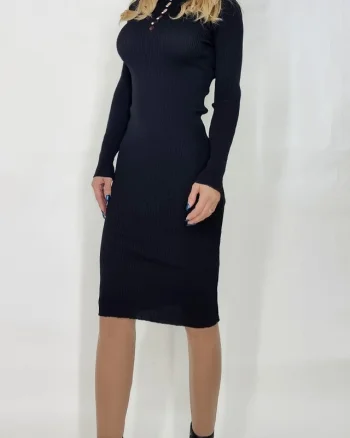 Rochie Francisca, midi, pe gat, cu model decupat, Negru, Marime S/M