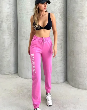 Pantaloni sport ISSA BabyGirl, cu imprimeu si banda elastica, Roz