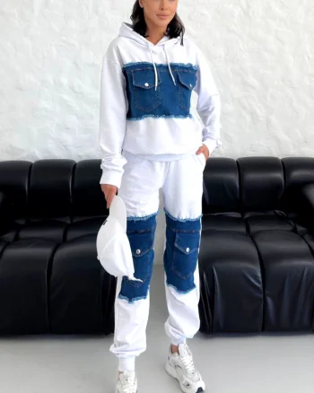 Compleu casual CONGO, cu bumbac si denim, Alb