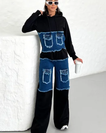 Compleu casual MIRRA Pearl, cu bumbac si denim, Negru