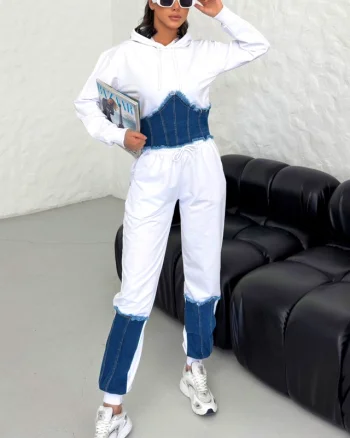 Compleu bumbac si denim Sandra, pantaloni si hanorac cu fermoar lateral, Alb