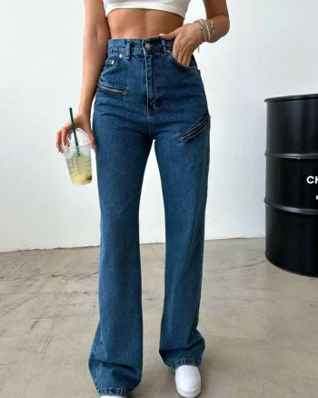 Blugi dama croi wide leg, Frisco, si decupaje cu fermoar, Albastru denim