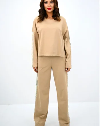 Trening cu bumbac GlamMotion, pantaloni lejeri, paiete si bluza oversize, Crem