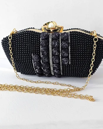 Geanta de ocazie, Opulent Style, de tip clutch, cu detalii decorative florale si perle, Negru