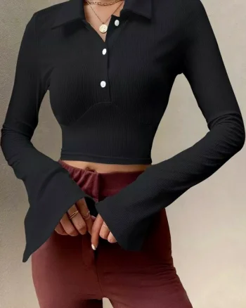 Camasa tricot Crop Polo, cu maneca lunga evazata si nasturi, Negru