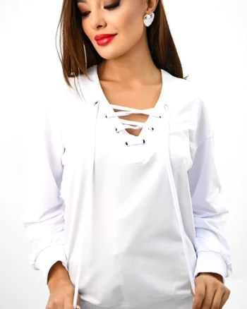 Bluza dama AmaDeeA, cu snur, decolteu stilizat si croi lejer, Alb
