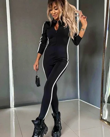 Salopeta modelatoare de dama Kassy, cu dungi si fermoar, Negru