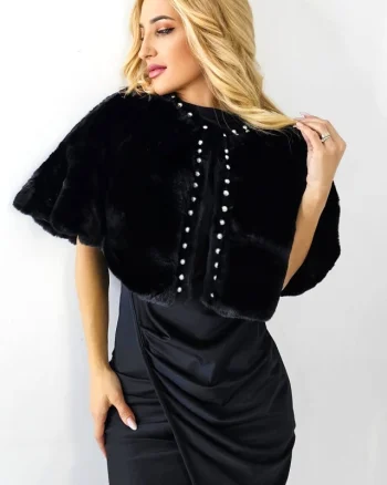 Blana ecologica Valeria, croiala tip bolero cu perle artizanale simetrice, Negru, Marime OneSize