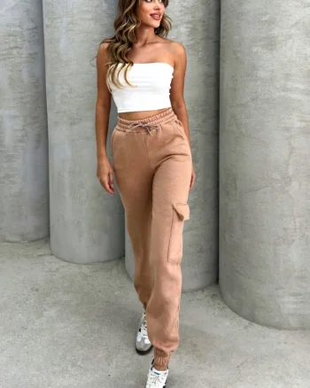 Pantaloni vatuiti de dama PocKetRUN, cu buzunar decorativ, Bej