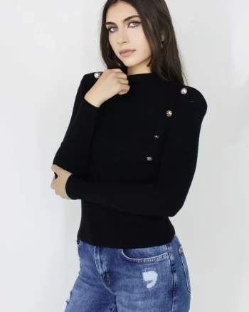 Bluza tricot Lya, cu guler inalt, striatii si aplicatii metalice, Negru, Marime S/M