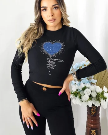 Bluza de dama, Woven, cu bumbac si croiala scurta, Negru SKY