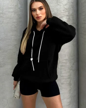 Hanorac de dama MYKA, vatuit, cu gluga si buzunar oversize, Negru