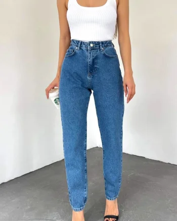 Blugi mom slim ThaLeea, cu talie inalta si croiala conica, Albastru
