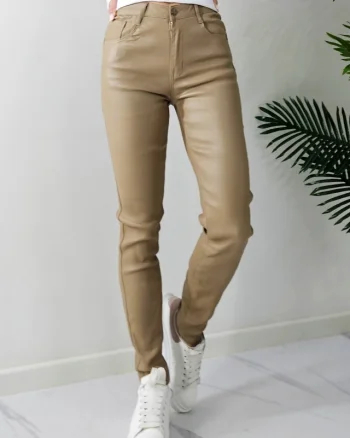 Pantaloni Dallas, din piele ecologica, cu talie inalta si push-up, Bej