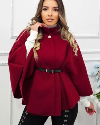 Palton tip poncho Amalia, cu nasture si curea in talie, Rosu bordo
