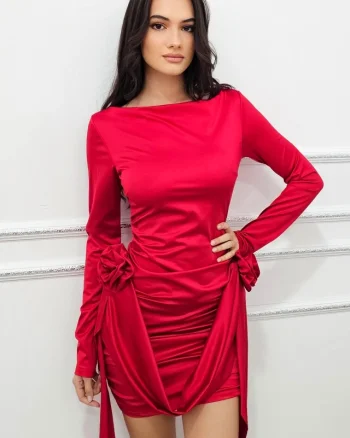 Rochie eleganta Jordana, cu aplicatii florale si fronseuri laterale, Rosu, Marime S/M
