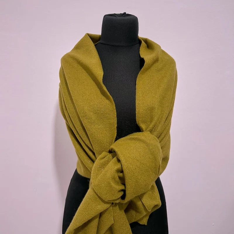 Sal lung tip esarfa Serene Luxe, cu lurex si casmir, Verde olive, 200x70 cm