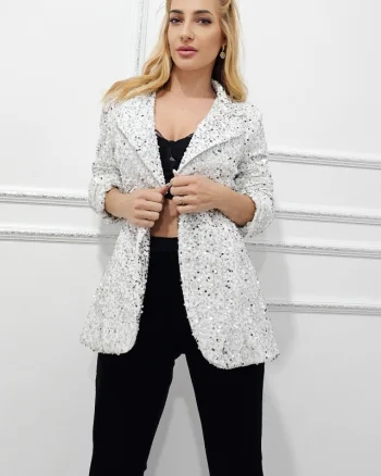 Sacou elegant de ocazie Hermina, paiete si prindere cu nasture, Alb, Marime S/M