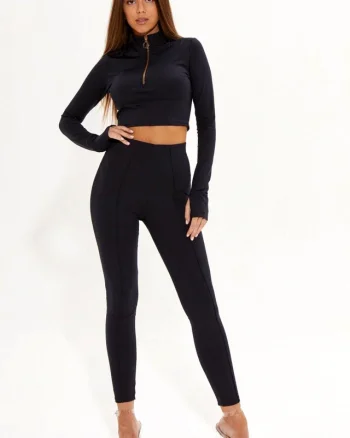Compleu fitness Ziper, top cu maneca lunga si colanti cu fermoar la spate, Negru