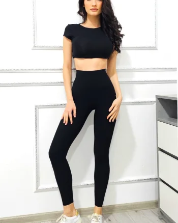 Colanti fitness lungi, GHYA, cu buzunar si textura tetra, Negru
