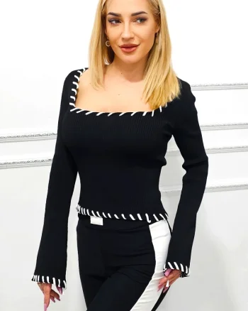Bluza de dama Amarie, cu nervuri si decolteu patrat crosetat, Negru, Marime S/M