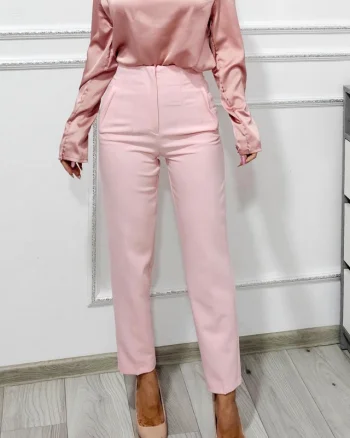 Pantaloni eleganti, ChicMe, croiala conica si buzunare decorative, Roz pastel