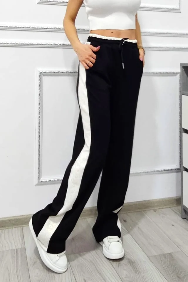 Pantaloni casual animal print ALFA OISO, croiala wide leg si snur in talie, Negru