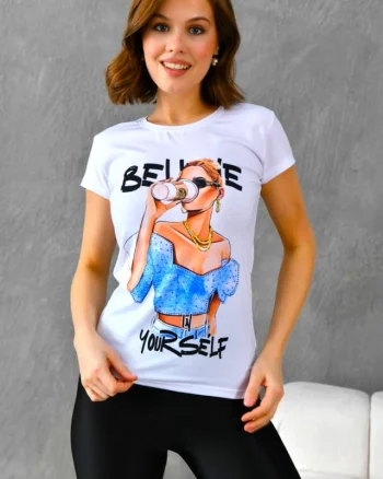 Tricou dama Graphic Story, cu imprimeu realist si cristale asortate, Believe Yourself