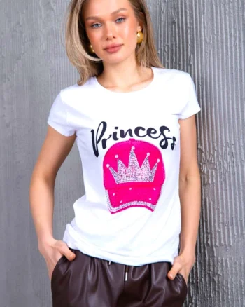 Tricou dama Graphic Story, cu imprimeu realist si paiete stralucitoare, Hat Princess