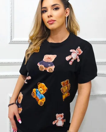 Tricou dama Neo, cu imprimeu ursuleti si cristale aplicate, Sits Down, Negru, Marime S/M
