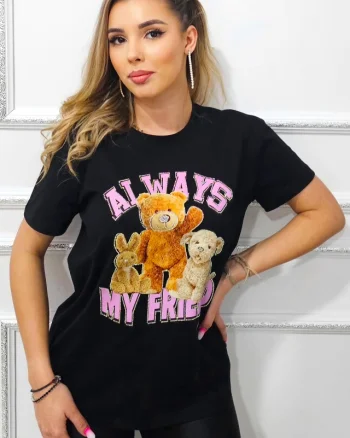 Tricou dama Neo-K, cu imprimeu ursuleti si cristale aplicate, Always My Friends, Negru