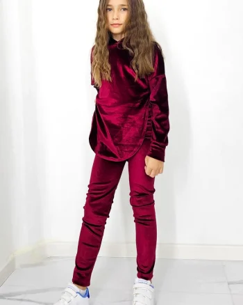 Compleu casual, Zoya Kids, din catifea, cu pantaloni slim si bluza cu gluga, Burgundy