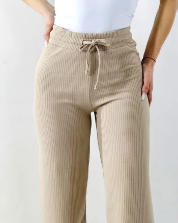 Pantaloni casual JANG, material texturat si snur in talie, Crem