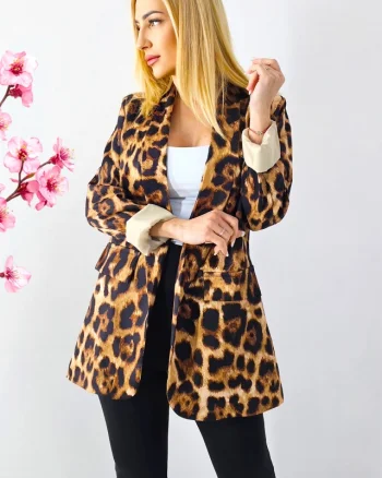 Sacou animal print LHEIA, fara inchidere, cu buzunare decorative, Leopard, Marime S/M