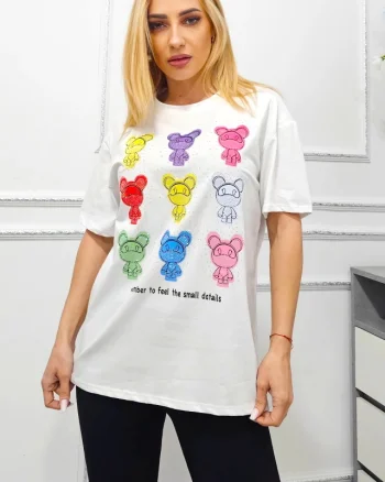 Tricou bumbac AMOO, cu imprimeu multicolor si cristale artizanale, Rainbow Bears, ALB