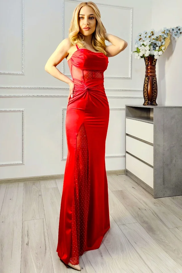 Rochie lunga de ocazie SYREN, cu strasuri si talie decupata, Rosu, Marime S/M